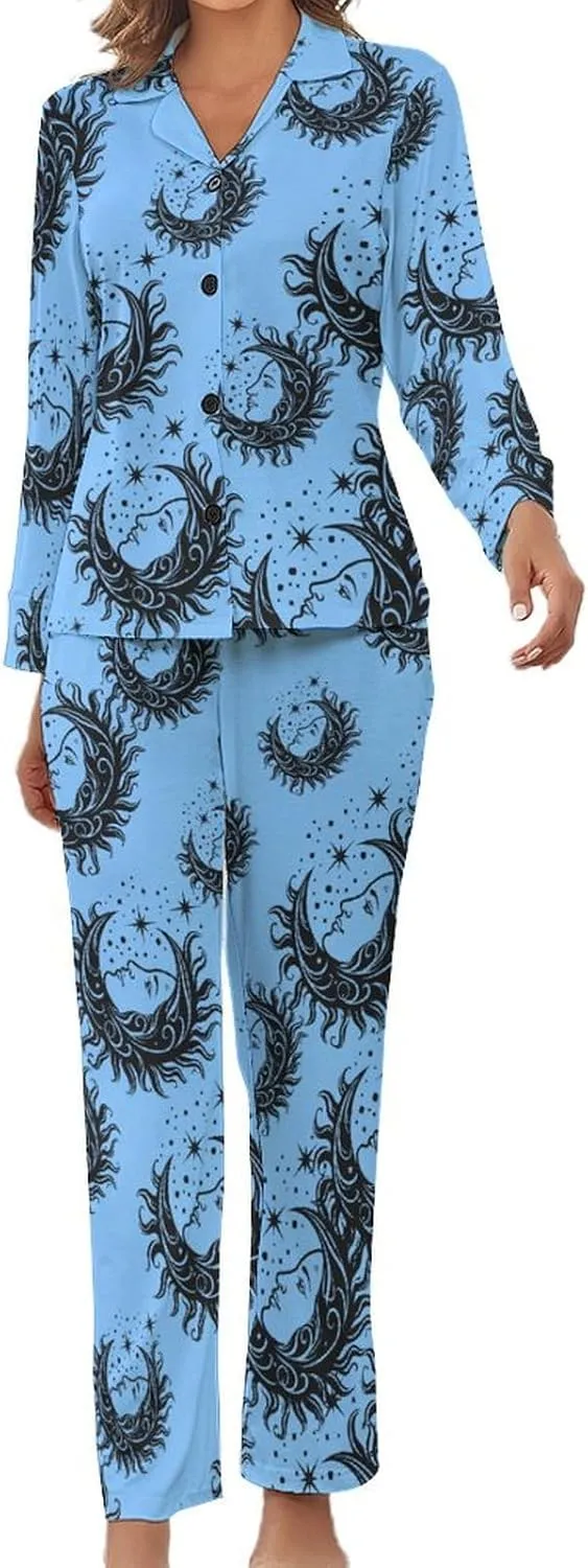 Star Moon Womens Pajamas Satin PJ Set Button Down Loungewear Set 2 Piece Lounge Sets