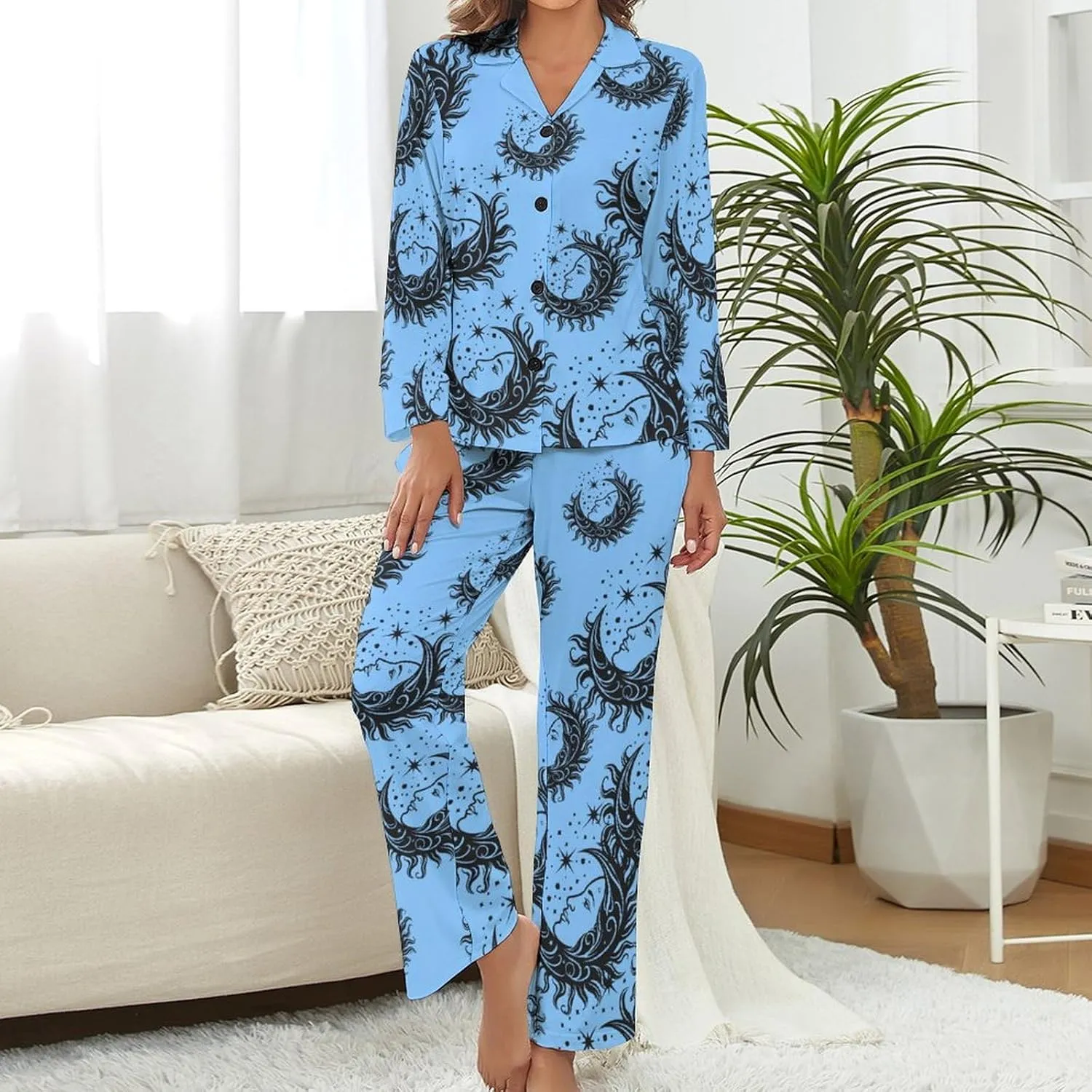 Star Moon Womens Pajamas Satin PJ Set Button Down Loungewear Set 2 Piece Lounge Sets