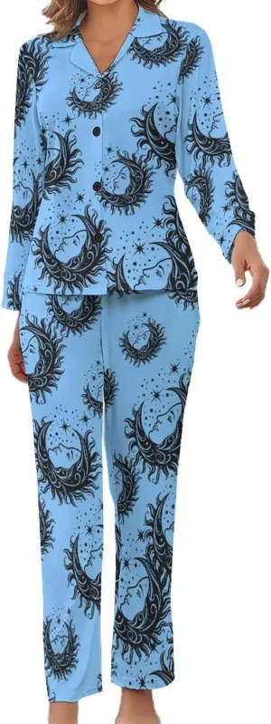 Star Moon Womens Pajamas Satin PJ Set Button Down Loungewear Set 2 Piece Lounge Sets