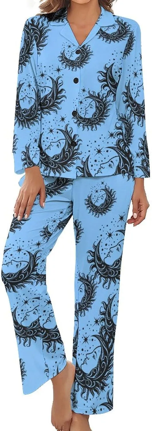 Star Moon Womens Pajamas Satin PJ Set Button Down Loungewear Set 2 Piece Lounge Sets