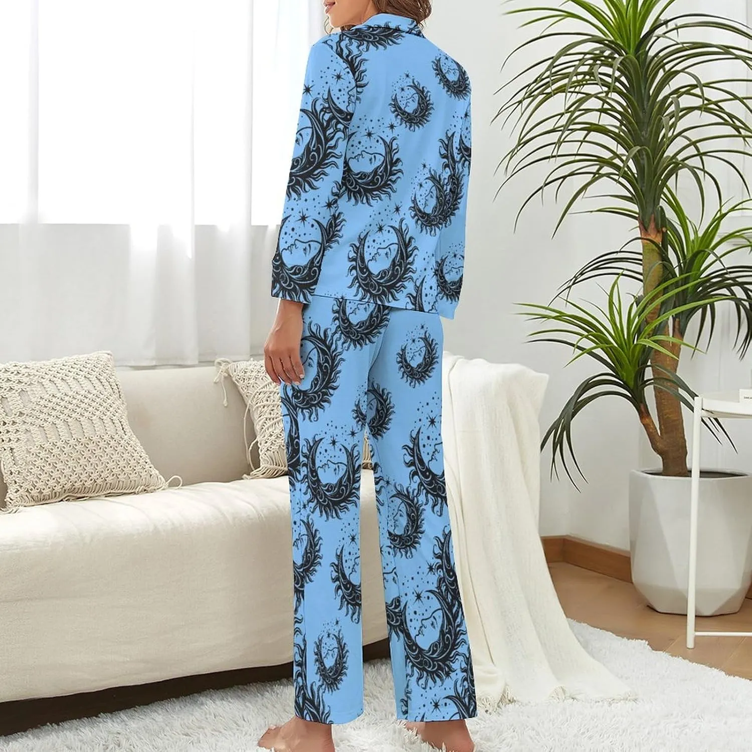 Star Moon Womens Pajamas Satin PJ Set Button Down Loungewear Set 2 Piece Lounge Sets