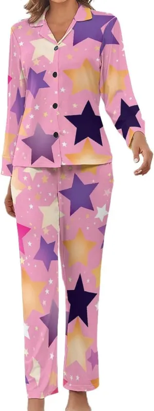 Stars Print Womens Pajamas Satin PJ Set Button Down Loungewear Set 2 Piece Lounge Sets