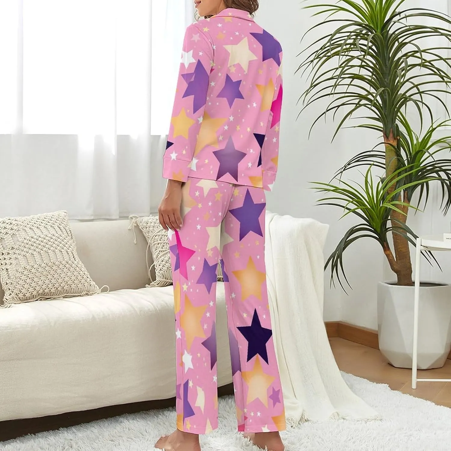 Stars Print Womens Pajamas Satin PJ Set Button Down Loungewear Set 2 Piece Lounge Sets
