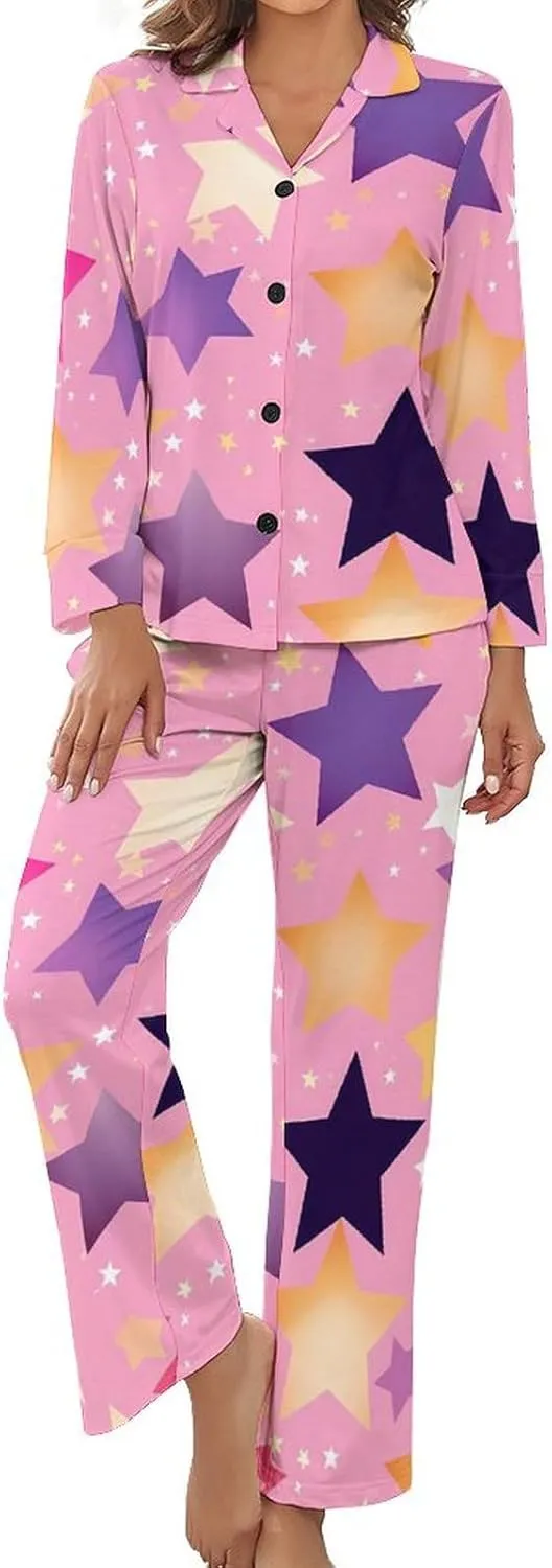 Stars Print Womens Pajamas Satin PJ Set Button Down Loungewear Set 2 Piece Lounge Sets