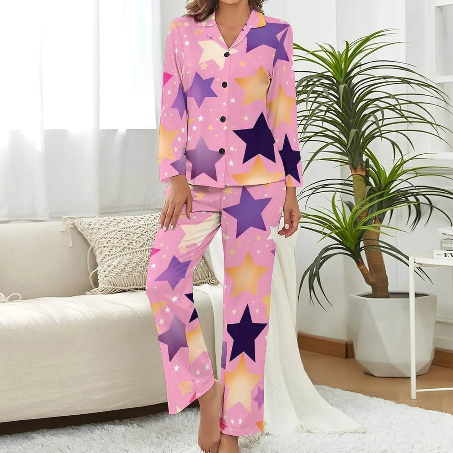 Stars Print Womens Pajamas Satin PJ Set Button Down Loungewear Set 2 Piece Lounge Sets