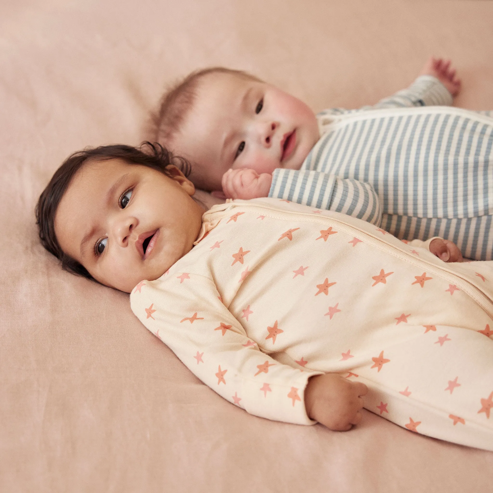 Stripe Ribbed & Starfish Zip-Up Baby Pajamas 2 Pack