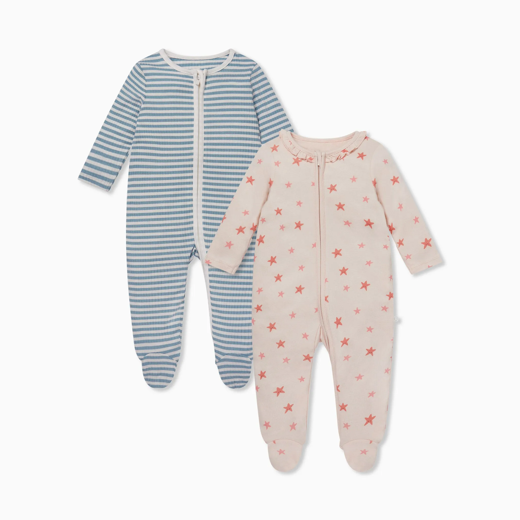 Stripe Ribbed & Starfish Zip-Up Baby Pajamas 2 Pack