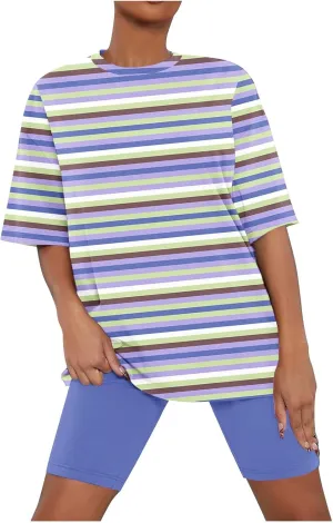 Striped 2 Piece Outfits for Women 2024 Fashion Oversized T Shirts and Biker Shorts Tracksuit Soft Loungewear Sets