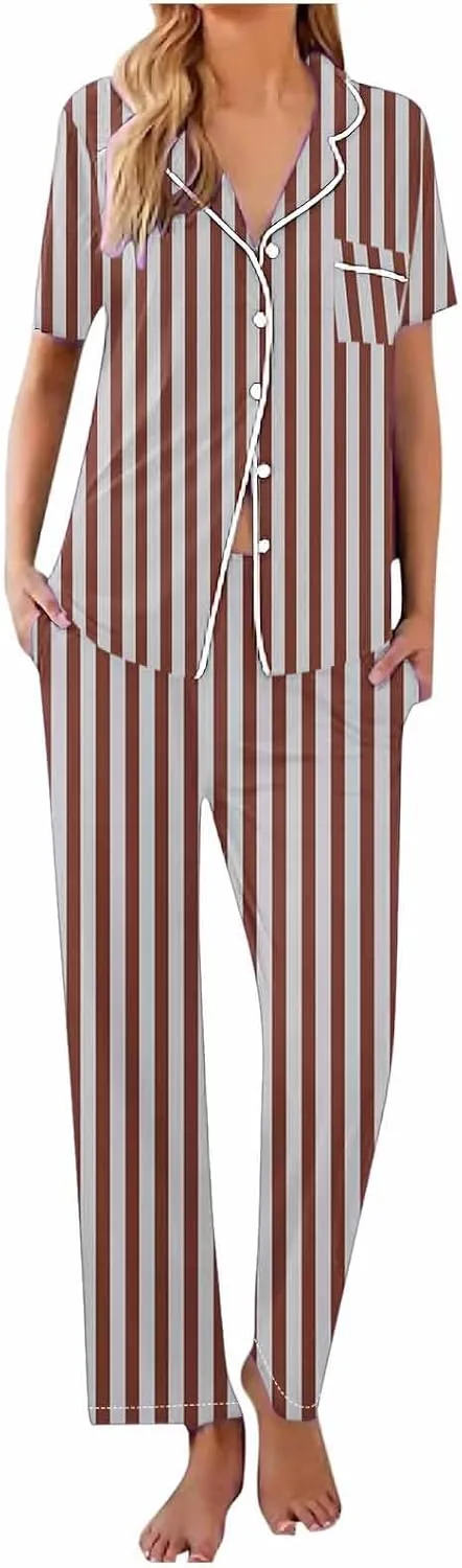 Striped Pajama Set Women Two Piece Lounge Set Spring Pajama Sets Cute Soft Pajamas Short Sleeve and Pants Pajama Set