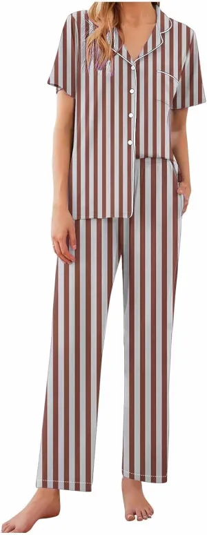 Striped Pajama Set Women Two Piece Lounge Set Spring Pajama Sets Cute Soft Pajamas Short Sleeve and Pants Pajama Set