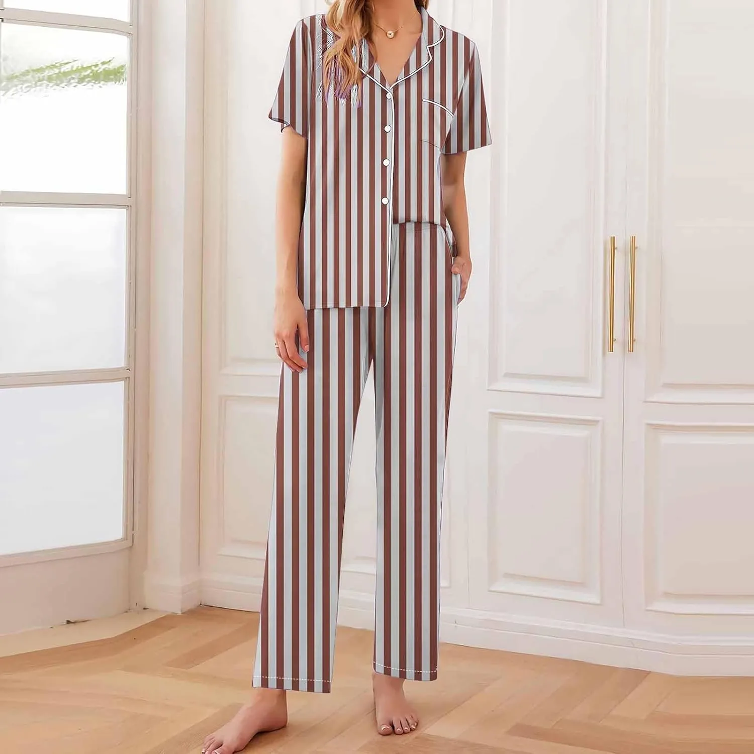 Striped Pajama Set Women Two Piece Lounge Set Spring Pajama Sets Cute Soft Pajamas Short Sleeve and Pants Pajama Set