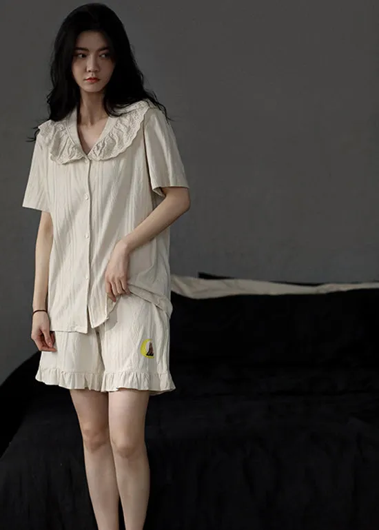 Style Apricot Peter Pan Collar Patchwork Hollow Out Cotton Pajamas Two Piece Set Summer
