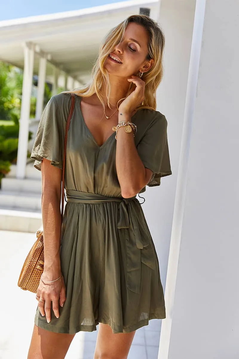 Summer elastic waist solid color jumpsuit