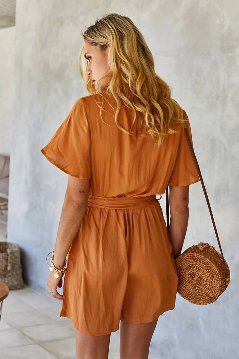Summer elastic waist solid color jumpsuit