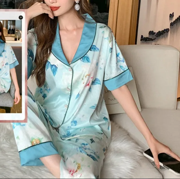 Summer Ladies Faux Silk Polyester Pajama Sets