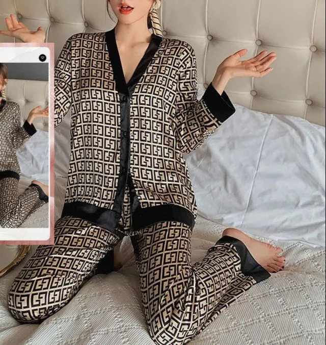 Summer Ladies Faux Silk Polyester Pajama Sets