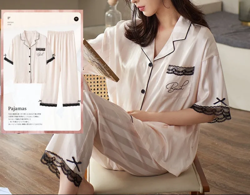 Summer Ladies Faux Silk Polyester Pajama Sets