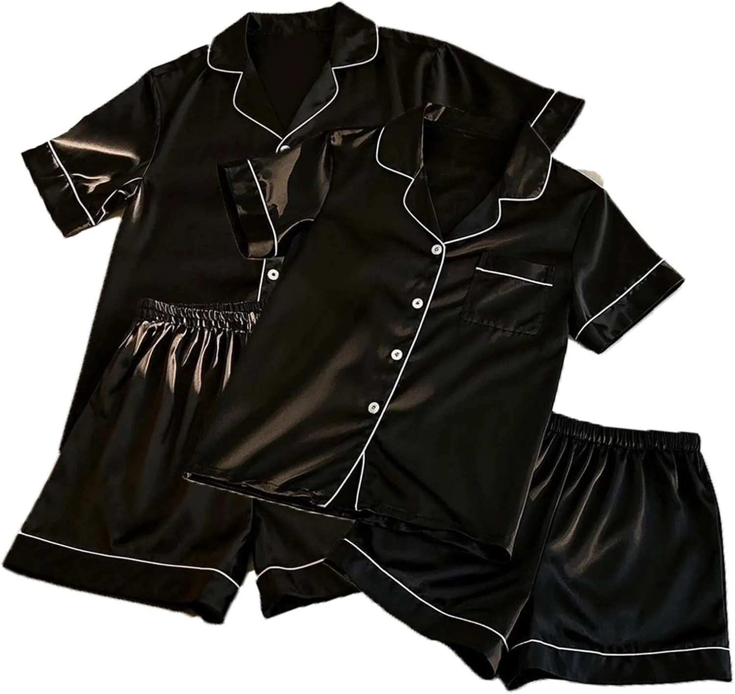 Summer Matching Satin Pajamas Sets Couple Short Sleeve Button Down Silk Pjs Set Family 2 Pieces Sleepwear Suits