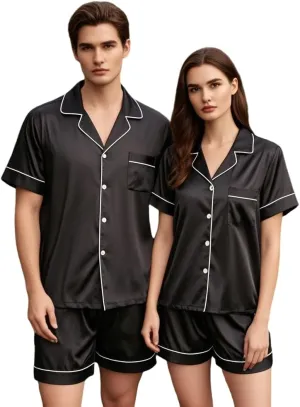 Summer Matching Satin Pajamas Sets Couple Short Sleeve Button Down Silk Pjs Set Family 2 Pieces Sleepwear Suits