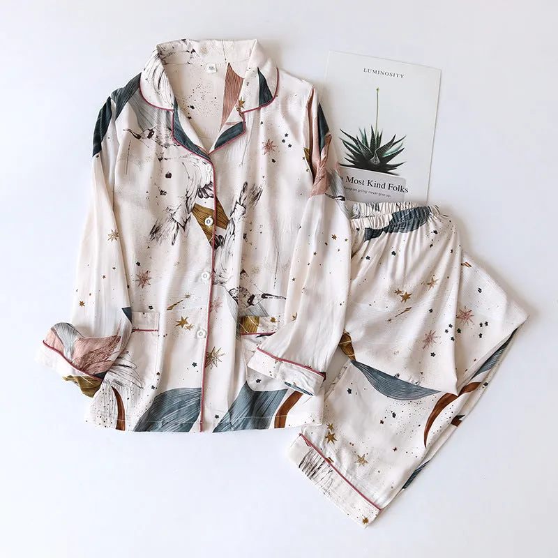 Summer New  long-sleeved trousers ladies pajamas suit  long Sleepwear women