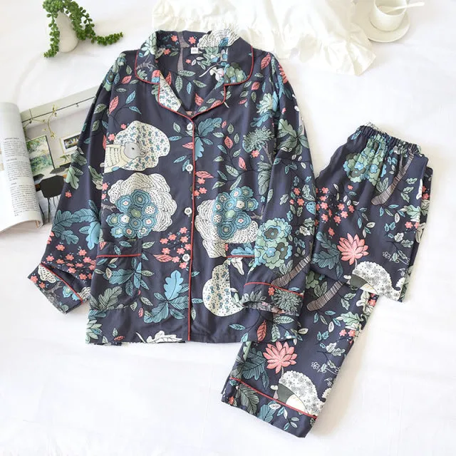 Summer New  long-sleeved trousers ladies pajamas suit  long Sleepwear women