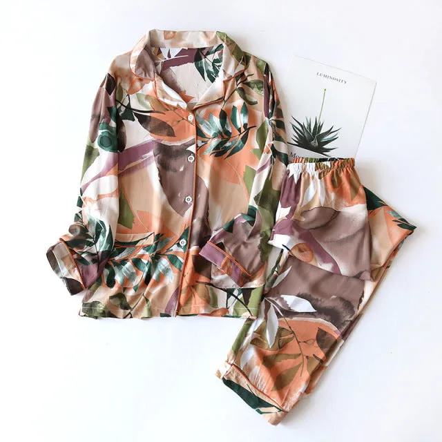 Summer New  long-sleeved trousers ladies pajamas suit  long Sleepwear women