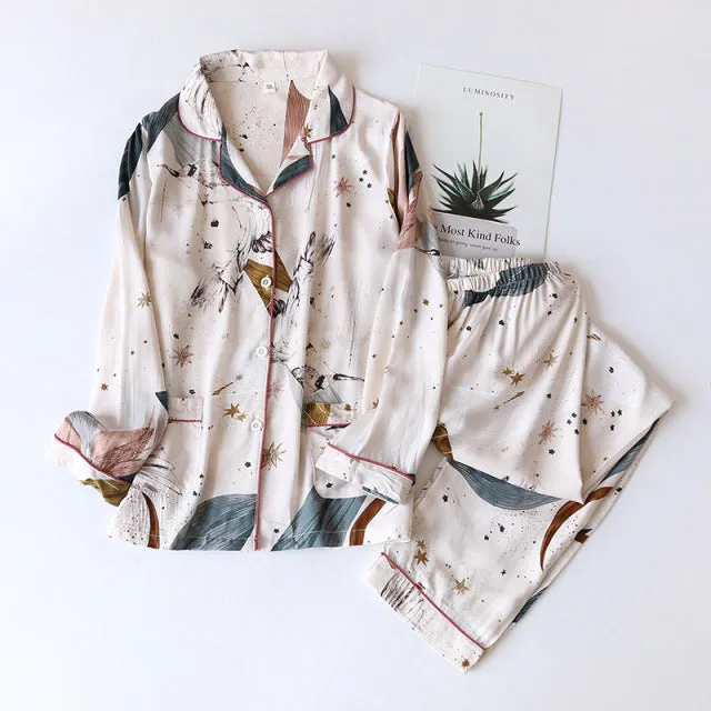 Summer New  long-sleeved trousers ladies pajamas suit  long Sleepwear women