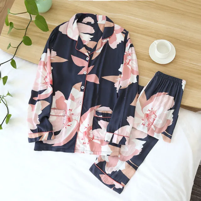 Summer New  long-sleeved trousers ladies pajamas suit  long Sleepwear women