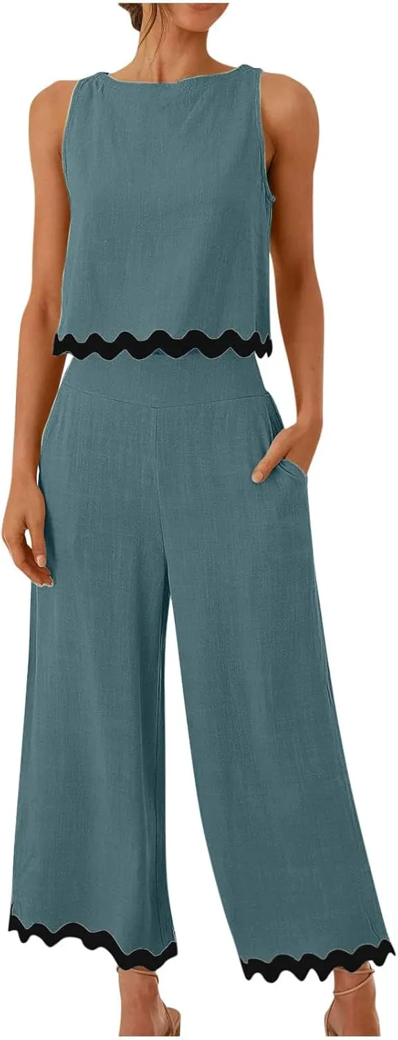 Summer Outfits for Women 2025 2 Piece Cotton Linen Sets Scallop Trim Hem Sleeveless Cropped Tank Top Wide Leg Pants