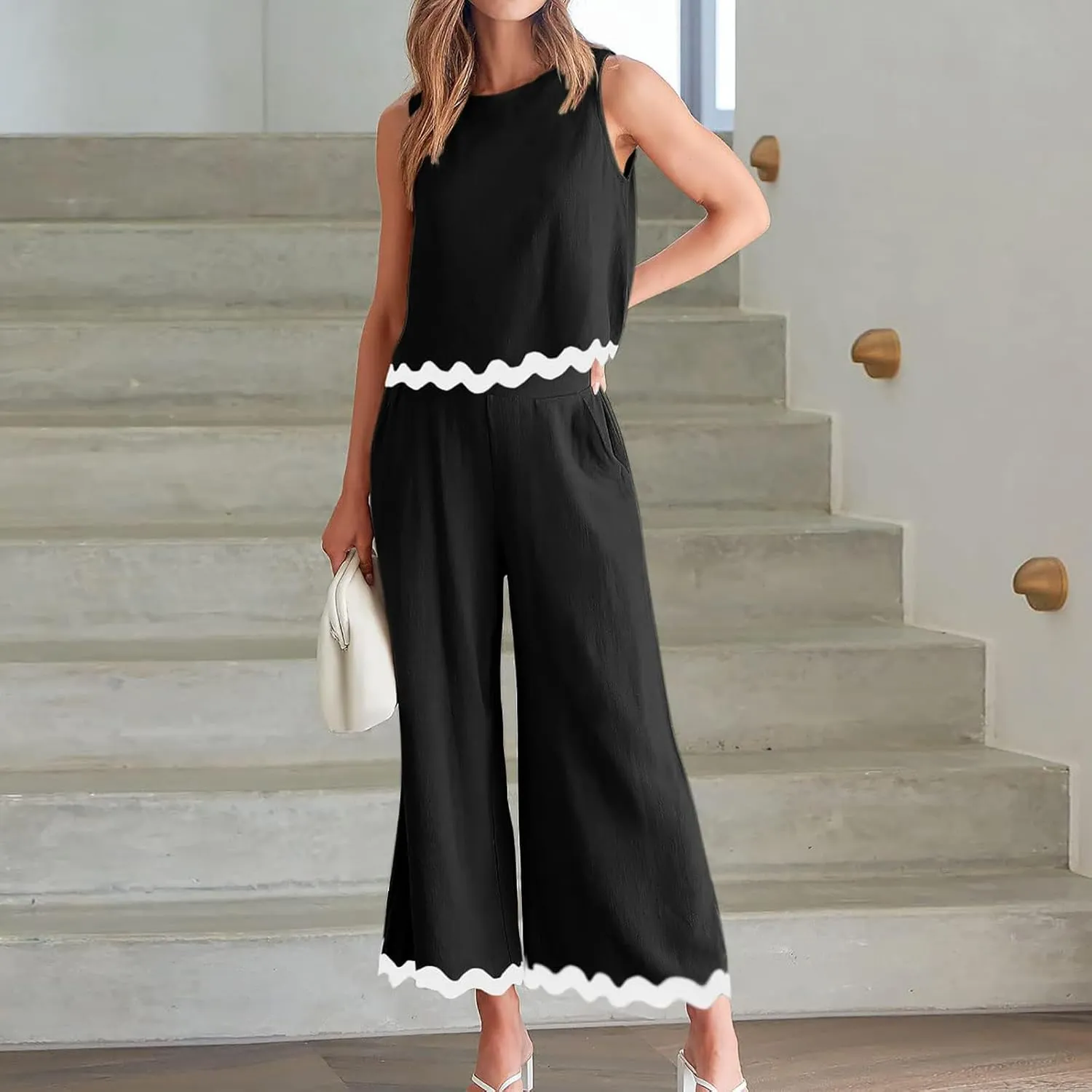 Summer Outfits for Women 2025 2 Piece Cotton Linen Sets Scallop Trim Hem Sleeveless Cropped Tank Top Wide Leg Pants