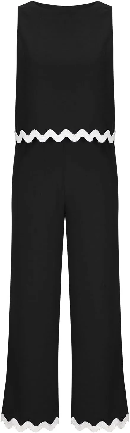 Summer Outfits for Women 2025 2 Piece Cotton Linen Sets Scallop Trim Hem Sleeveless Cropped Tank Top Wide Leg Pants