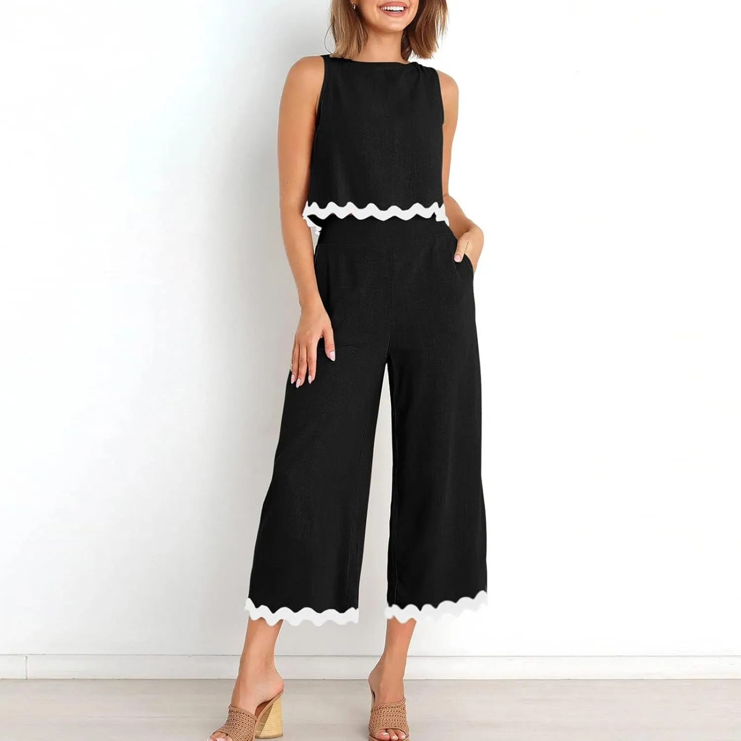 Summer Outfits for Women 2025 2 Piece Cotton Linen Sets Scallop Trim Hem Sleeveless Cropped Tank Top Wide Leg Pants