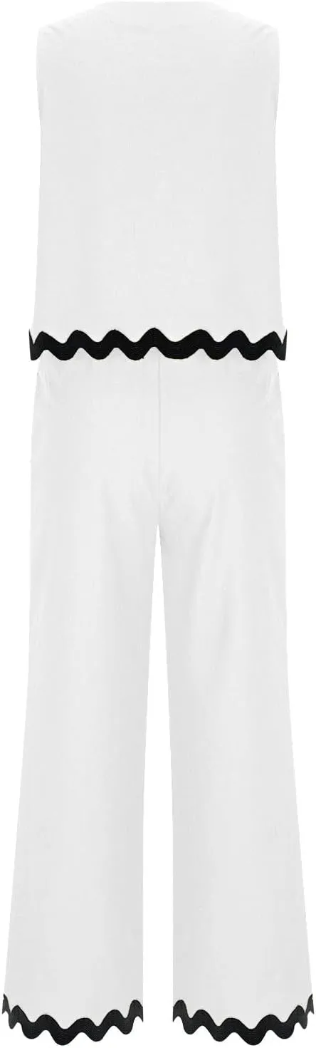 Summer Outfits for Women 2025 2 Piece Cotton Linen Sets Scallop Trim Hem Sleeveless Cropped Tank Top Wide Leg Pants