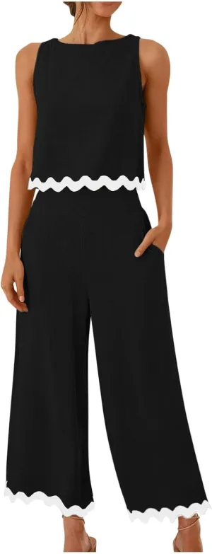 Summer Outfits for Women 2025 2 Piece Cotton Linen Sets Scallop Trim Hem Sleeveless Cropped Tank Top Wide Leg Pants
