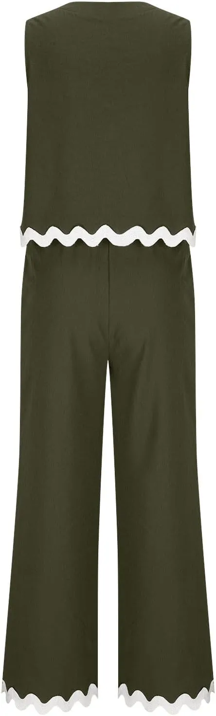 Summer Outfits for Women 2025 2 Piece Cotton Linen Sets Scallop Trim Hem Sleeveless Cropped Tank Top Wide Leg Pants