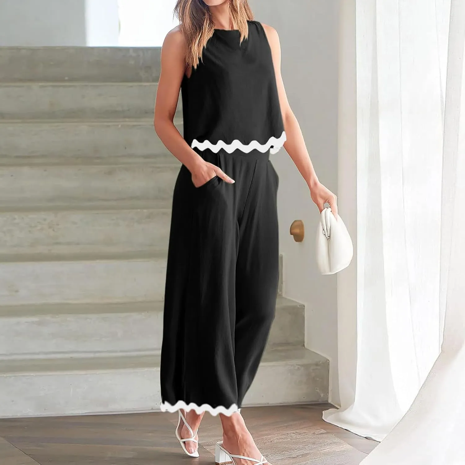Summer Outfits for Women 2025 2 Piece Cotton Linen Sets Scallop Trim Hem Sleeveless Cropped Tank Top Wide Leg Pants