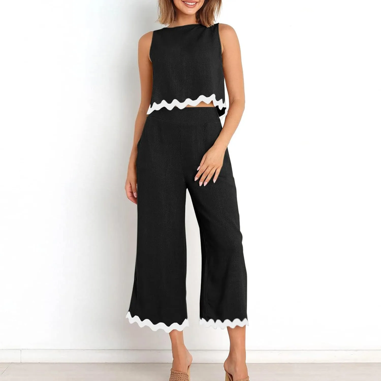 Summer Outfits for Women 2025 2 Piece Cotton Linen Sets Scallop Trim Hem Sleeveless Cropped Tank Top Wide Leg Pants