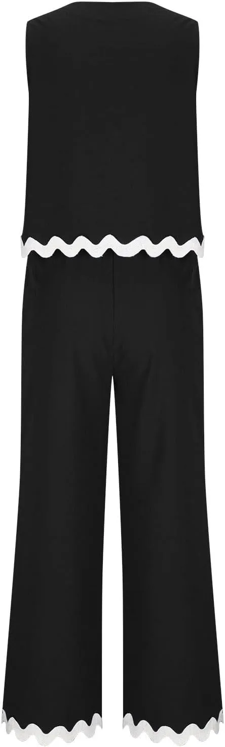 Summer Outfits for Women 2025 2 Piece Cotton Linen Sets Scallop Trim Hem Sleeveless Cropped Tank Top Wide Leg Pants
