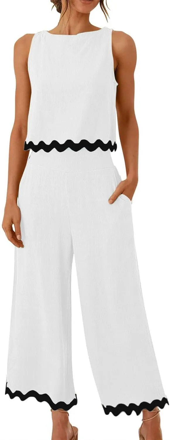 Summer Outfits for Women 2025 2 Piece Cotton Linen Sets Scallop Trim Hem Sleeveless Cropped Tank Top Wide Leg Pants