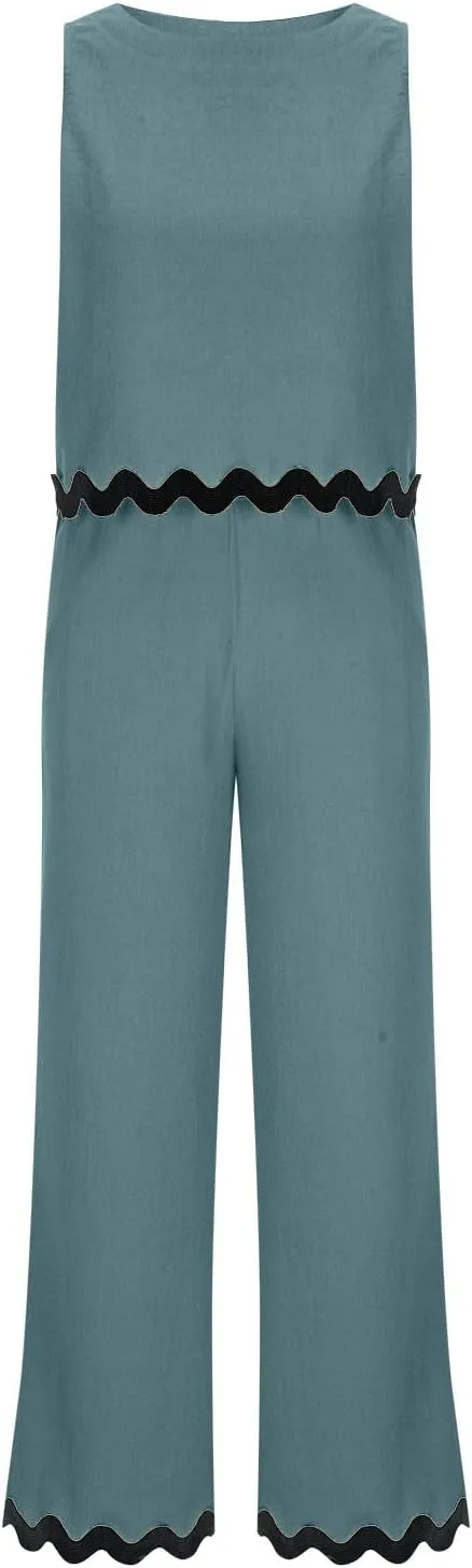 Summer Outfits for Women 2025 2 Piece Cotton Linen Sets Scallop Trim Hem Sleeveless Cropped Tank Top Wide Leg Pants