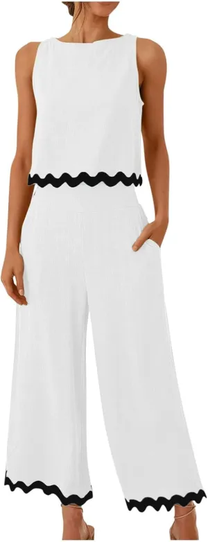Summer Outfits for Women 2025 2 Piece Cotton Linen Sets Scallop Trim Hem Sleeveless Cropped Tank Top Wide Leg Pants
