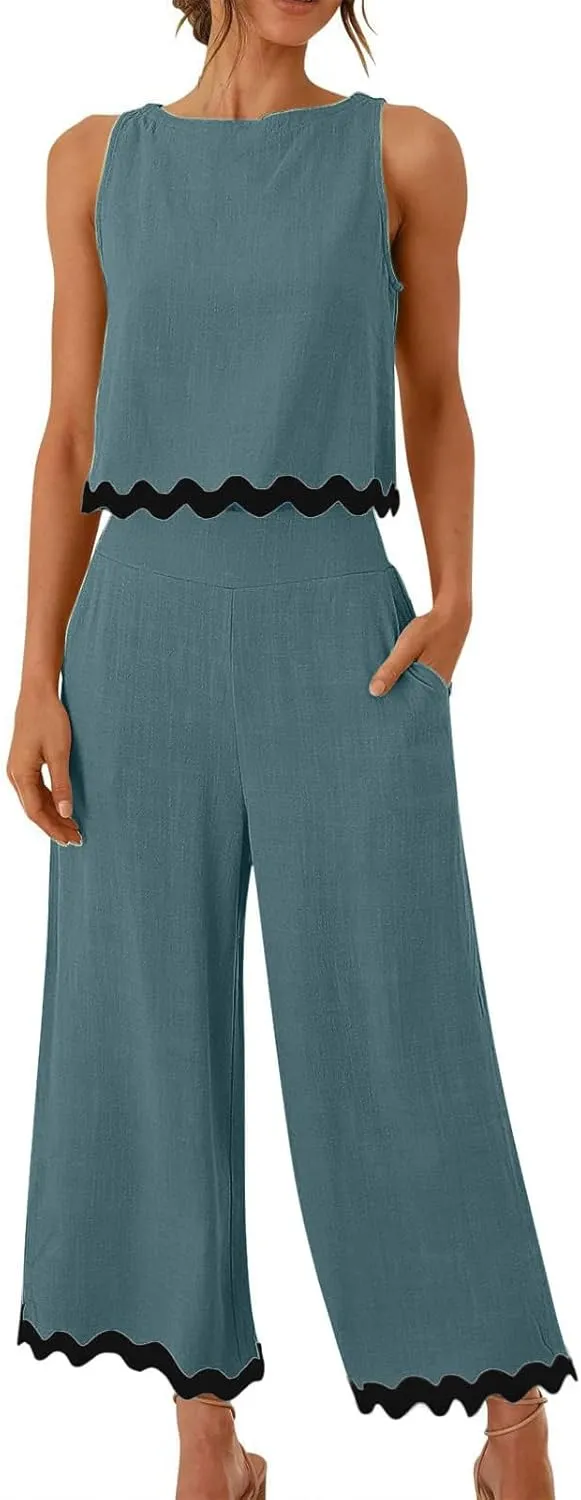 Summer Outfits for Women 2025 2 Piece Cotton Linen Sets Scallop Trim Hem Sleeveless Cropped Tank Top Wide Leg Pants