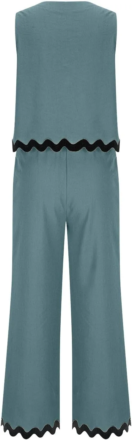 Summer Outfits for Women 2025 2 Piece Cotton Linen Sets Scallop Trim Hem Sleeveless Cropped Tank Top Wide Leg Pants