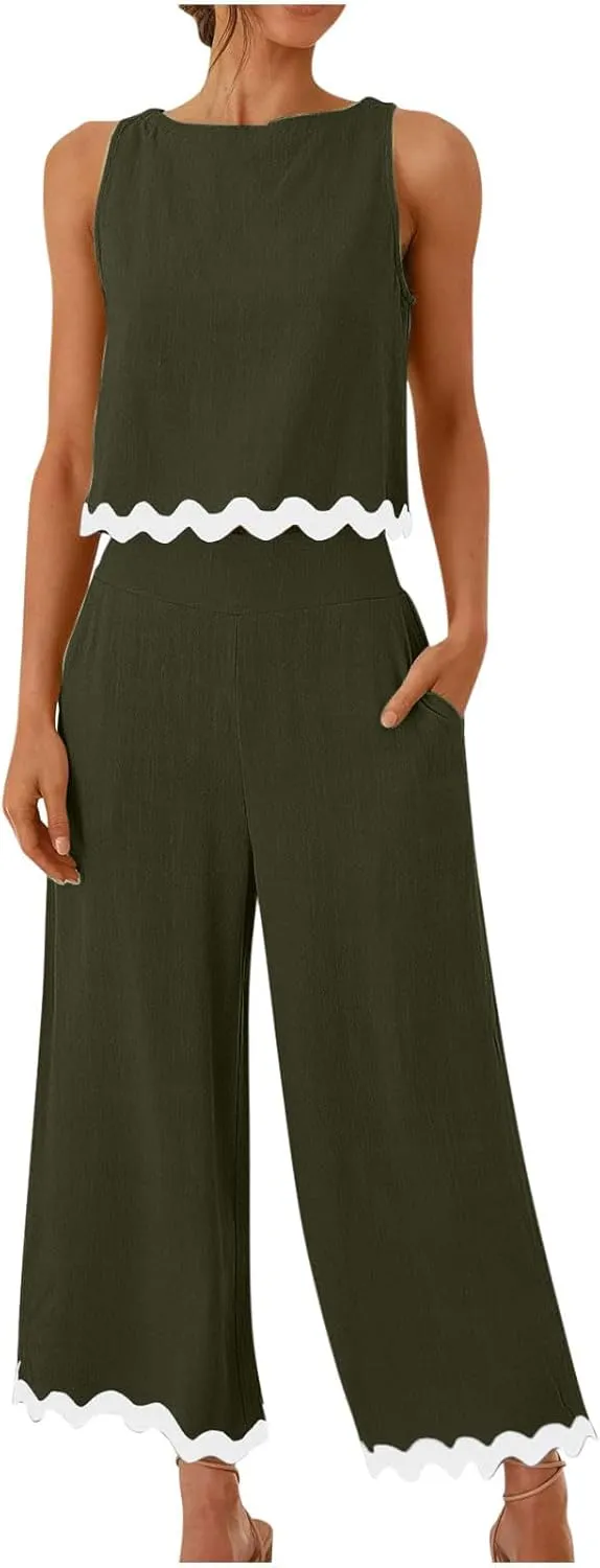 Summer Outfits for Women 2025 2 Piece Cotton Linen Sets Scallop Trim Hem Sleeveless Cropped Tank Top Wide Leg Pants