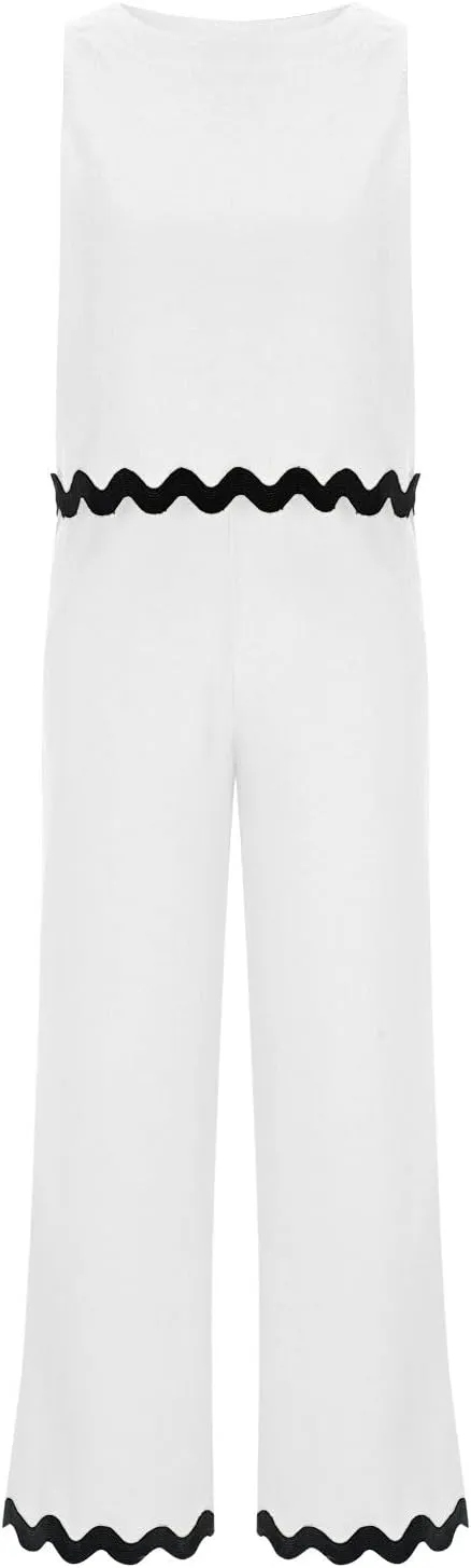 Summer Outfits for Women 2025 2 Piece Cotton Linen Sets Scallop Trim Hem Sleeveless Cropped Tank Top Wide Leg Pants