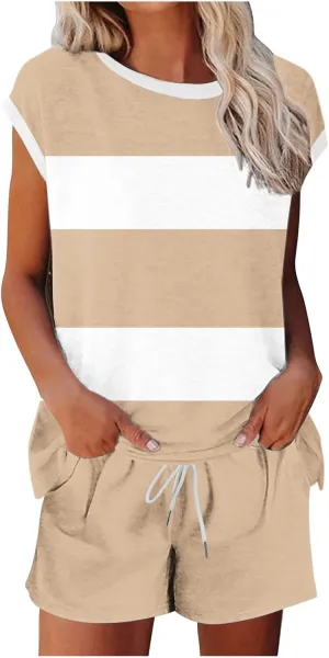 Summer Pajama Set for Women with Pockets, Comfy Soft Lounge Shorts & Top Lounge Sets Sleepwear for Home/Travel