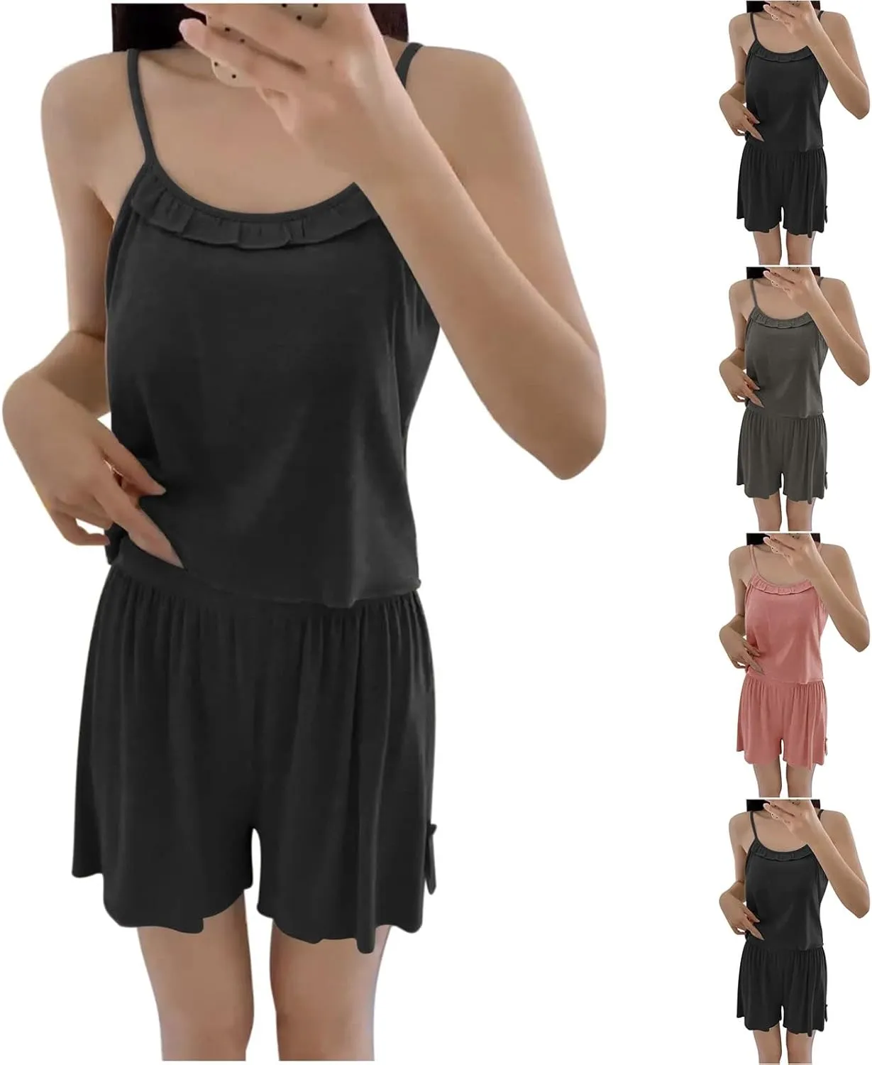 Summer Pajamas for Women Loose Ruffle Camisole Tops and Shorts Sleepwear Comfy Soft Modal Pjs Loungewear Sets