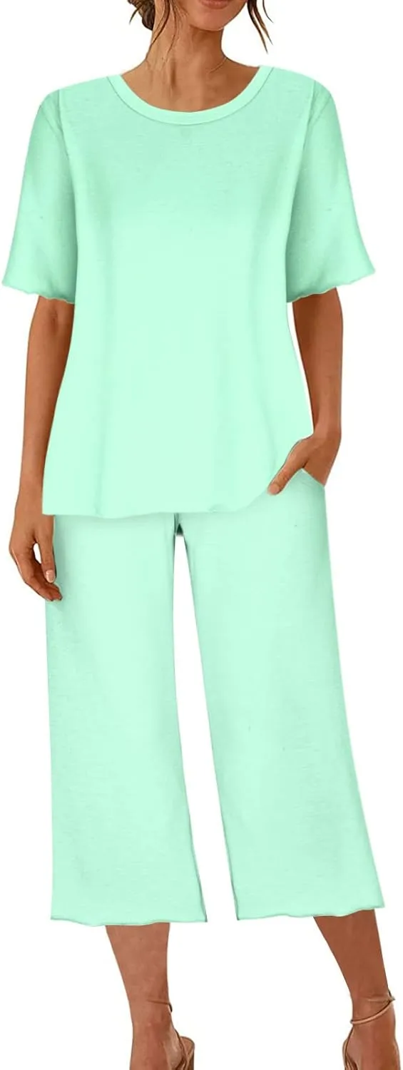 Summer Pajamas Sets for Women 2025 Casual Short Sleeve Tops Cropped Pants with Pocket Capri Comfy Breathable Pj Set