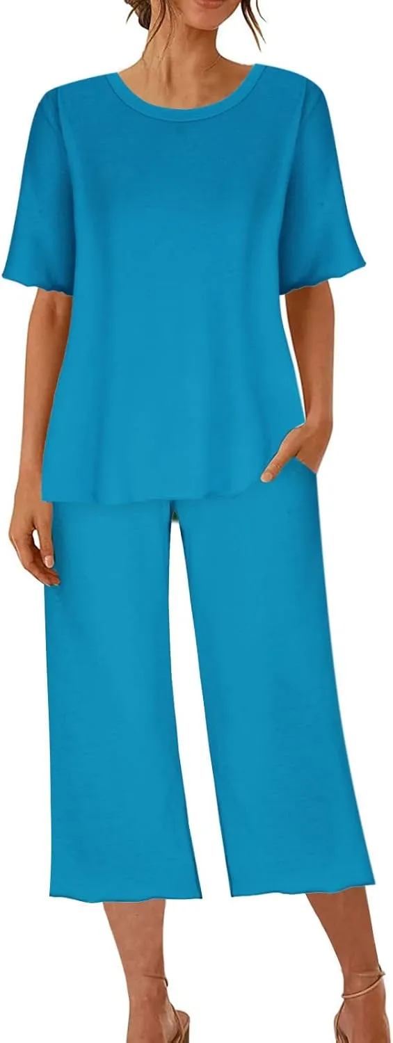 Summer Pajamas Sets for Women 2025 Casual Short Sleeve Tops Cropped Pants with Pocket Capri Comfy Breathable Pj Set