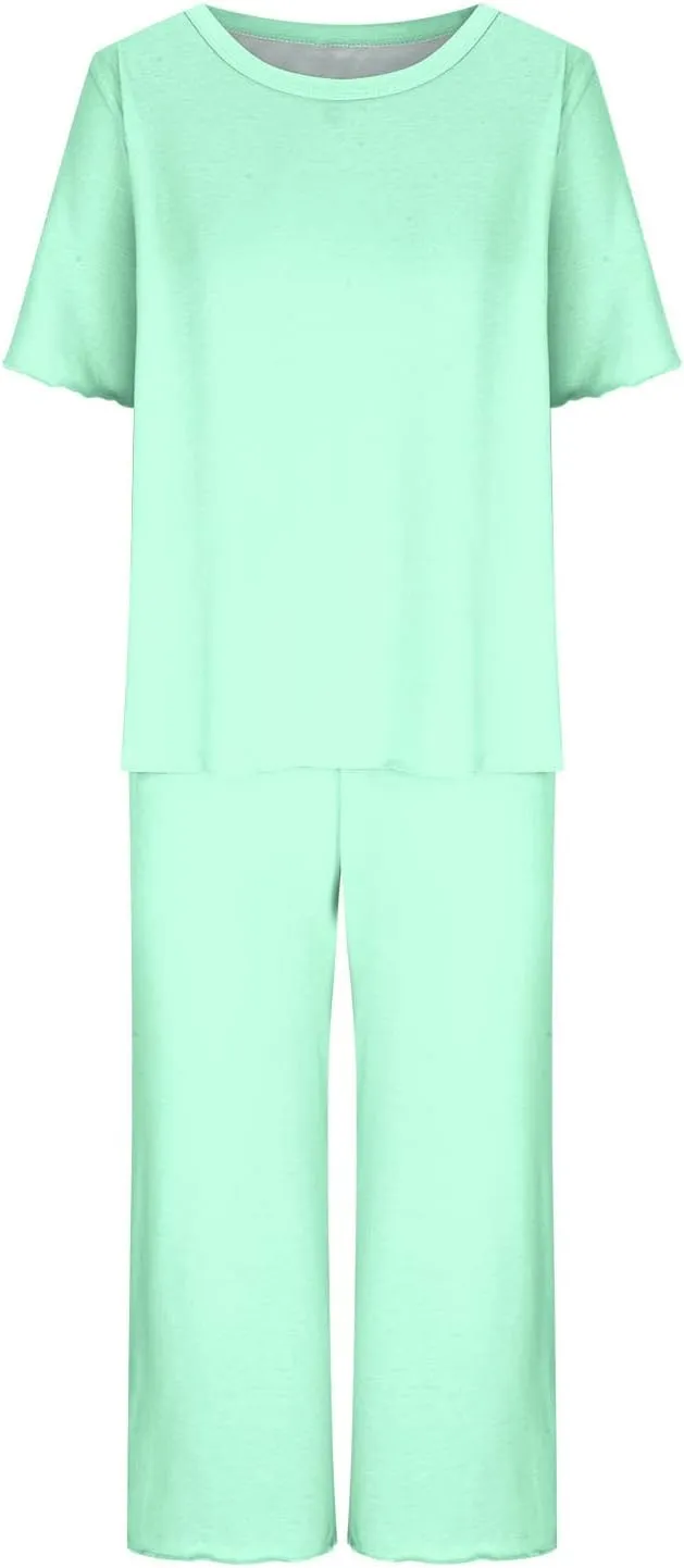 Summer Pajamas Sets for Women 2025 Casual Short Sleeve Tops Cropped Pants with Pocket Capri Comfy Breathable Pj Set
